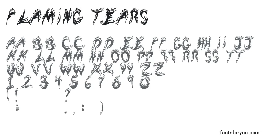 Czcionka Flaming tears – alfabet, cyfry, specjalne znaki