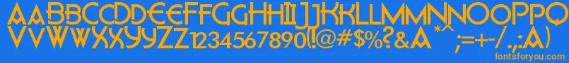 フォントFlatley – オレンジ色の文字が青い背景にあります。