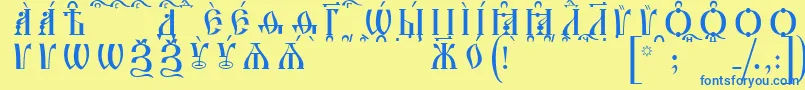 フォントIrmologionCapsKucsSpacedout – 青い文字が黄色の背景にあります。