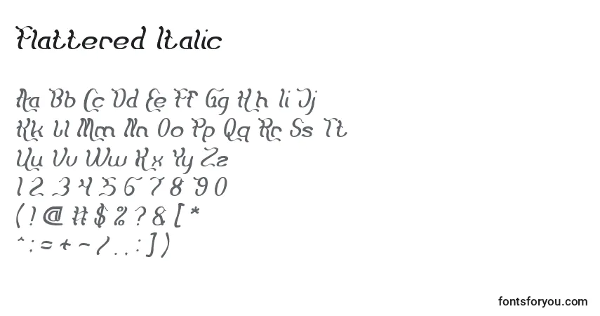 Czcionka Flattered Italic – alfabet, cyfry, specjalne znaki