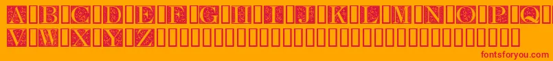 FleurCornerCaps-Schriftart – Rote Schriften auf orangefarbenem Hintergrund