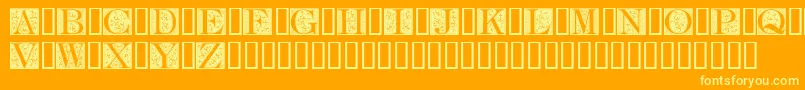 FleurCornerCaps-Schriftart – Gelbe Schriften auf orangefarbenem Hintergrund