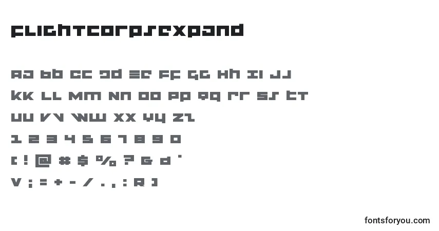 Czcionka Flightcorpsexpand – alfabet, cyfry, specjalne znaki