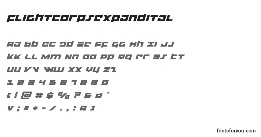 Шрифт Flightcorpsexpandital – алфавит, цифры, специальные символы