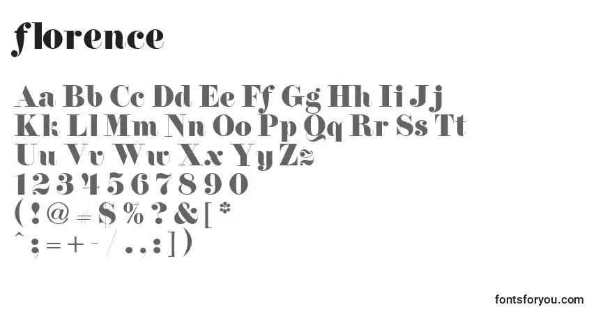 Czcionka Florence (126873) – alfabet, cyfry, specjalne znaki
