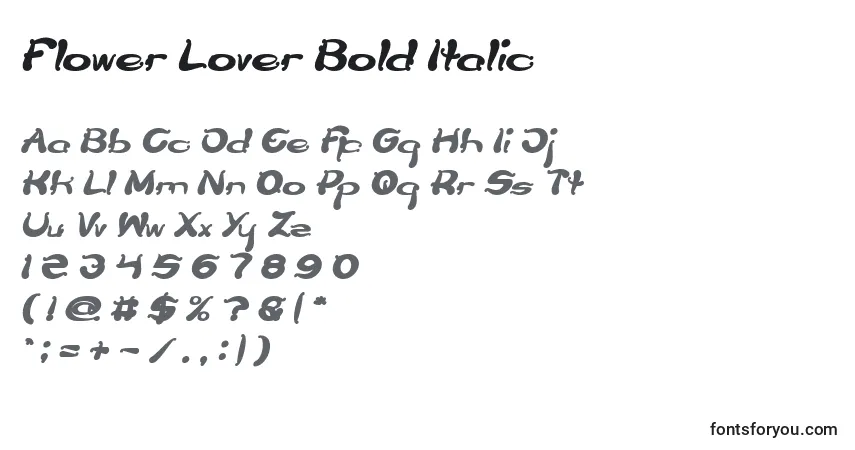 Schriftart Flower Lover Bold Italic – Alphabet, Zahlen, spezielle Symbole