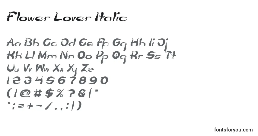 Шрифт Flower Lover Italic – алфавит, цифры, специальные символы