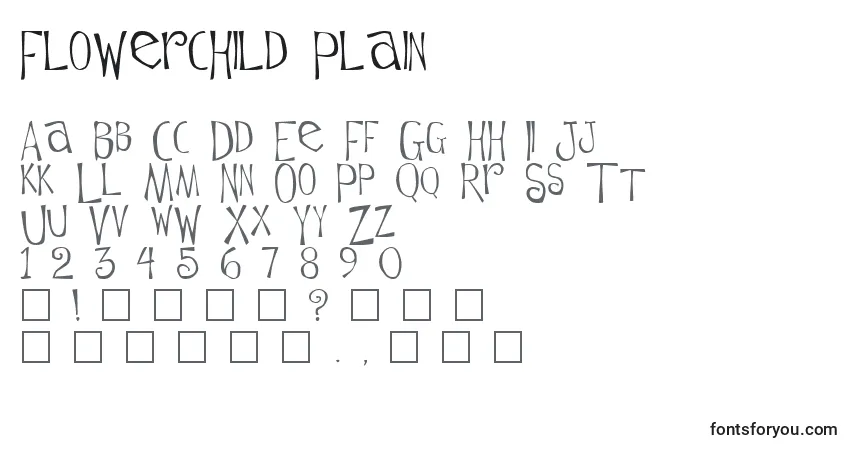 A fonte Flowerchild Plain – alfabeto, números, caracteres especiais