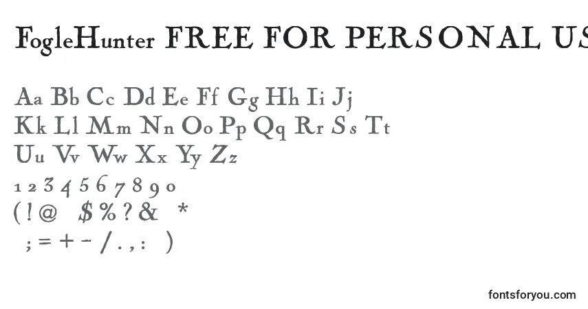 Czcionka FogleHunter FREE FOR PERSONAL USE ONLY – alfabet, cyfry, specjalne znaki