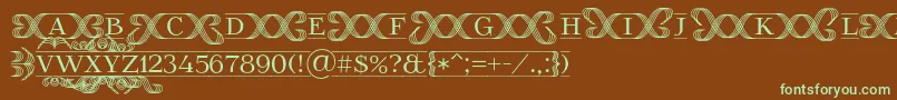 フォントFoglihtenFr02 – 緑色の文字が茶色の背景にあります。