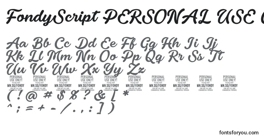 A fonte FondyScript PERSONAL USE ONLY – alfabeto, números, caracteres especiais