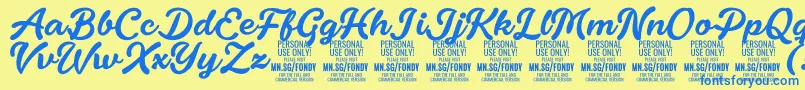 FondyScript PERSONAL USE ONLY-fontti – siniset fontit keltaisella taustalla