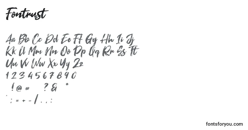 Czcionka Fontrust – alfabet, cyfry, specjalne znaki