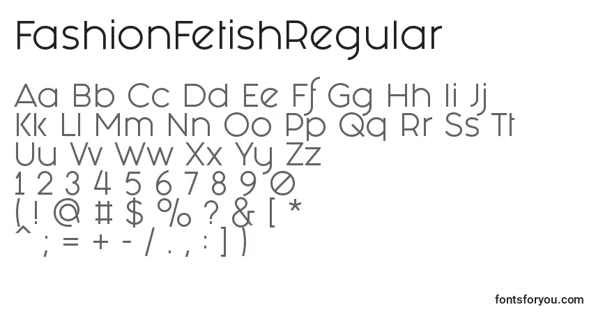 Schriftart FashionFetishRegular – Alphabet, Zahlen, spezielle Symbole
