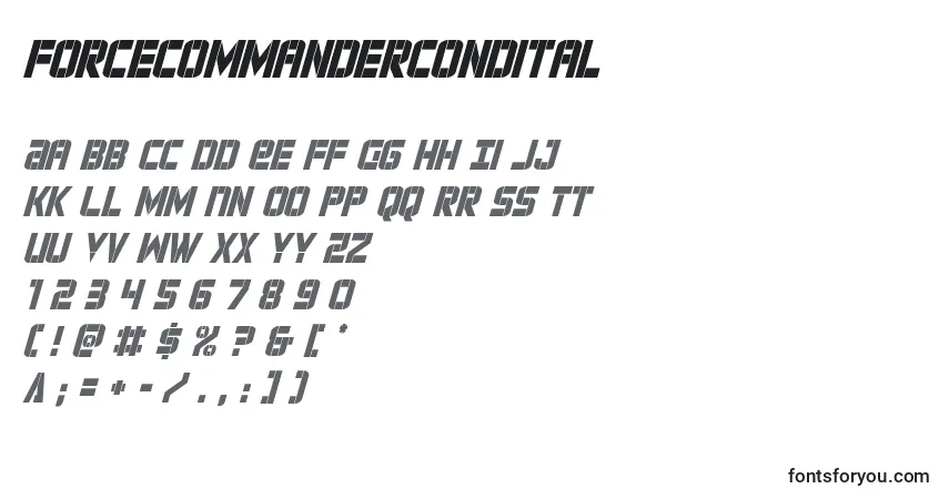 Schriftart Forcecommandercondital – Alphabet, Zahlen, spezielle Symbole