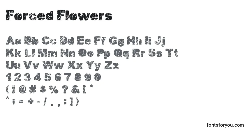 Schriftart Forced Flowers – Alphabet, Zahlen, spezielle Symbole