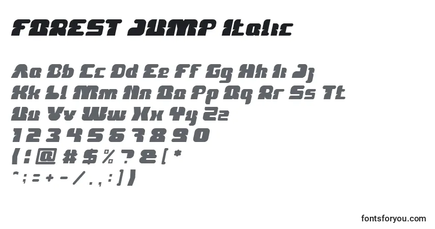 Czcionka FOREST JUMP Italic – alfabet, cyfry, specjalne znaki