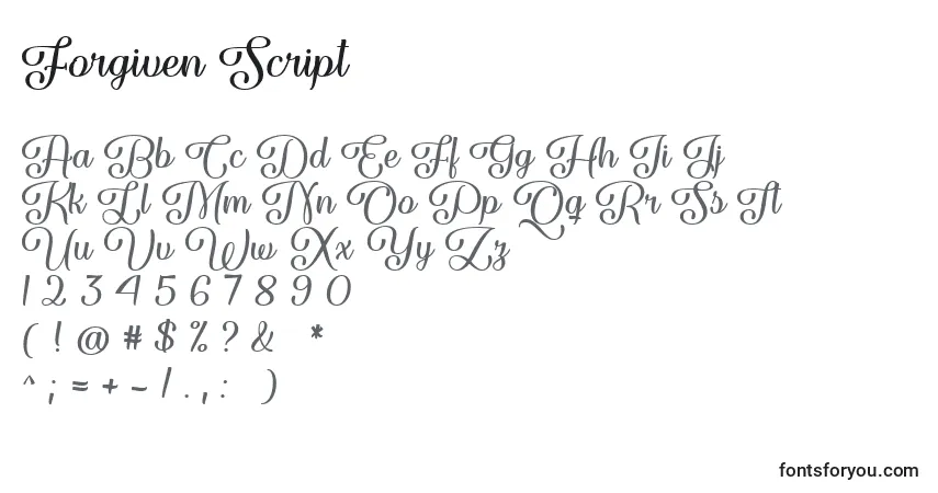 Czcionka Forgiven Script   – alfabet, cyfry, specjalne znaki