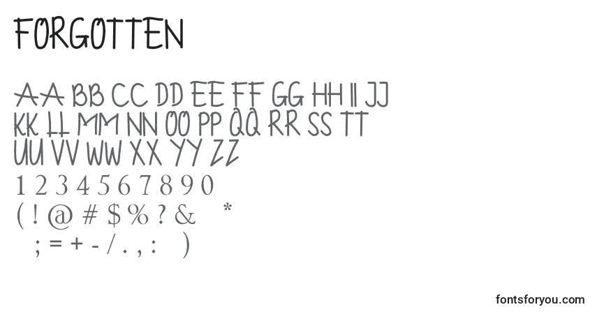 A fonte FORGOTTEN (127048) – alfabeto, números, caracteres especiais