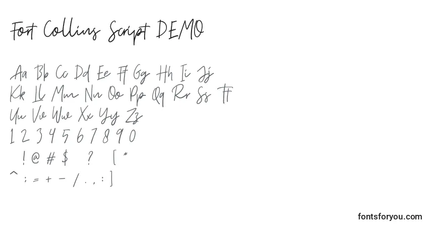 Fort Collins Script DEMO-fontti – aakkoset, numerot, erikoismerkit