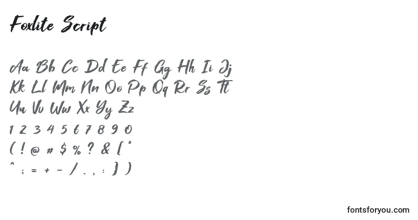 A fonte Foxlite Script (127081) – alfabeto, números, caracteres especiais