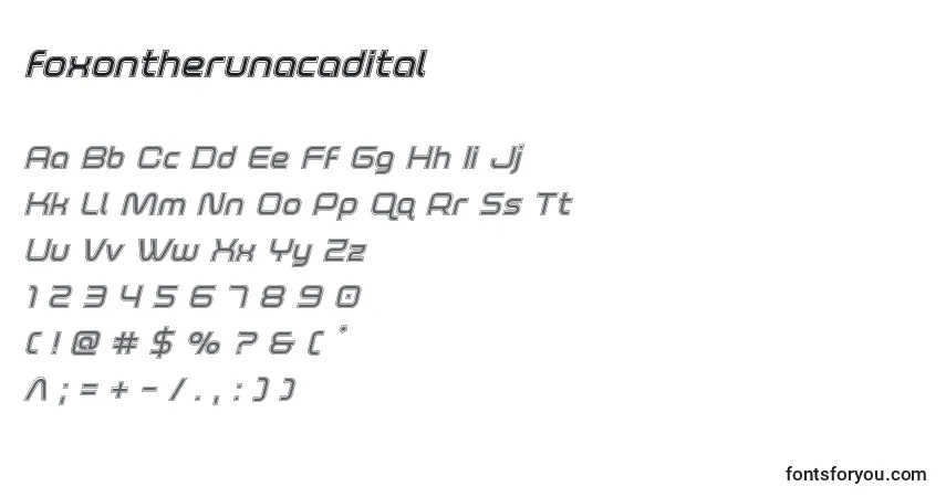 Czcionka Foxontherunacadital – alfabet, cyfry, specjalne znaki