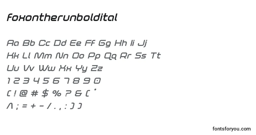 Czcionka Foxontherunboldital – alfabet, cyfry, specjalne znaki