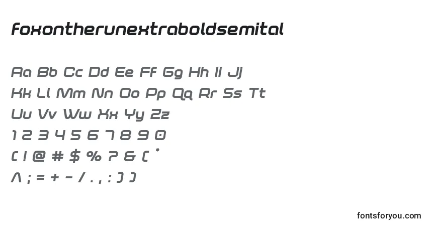 Czcionka Foxontherunextraboldsemital – alfabet, cyfry, specjalne znaki
