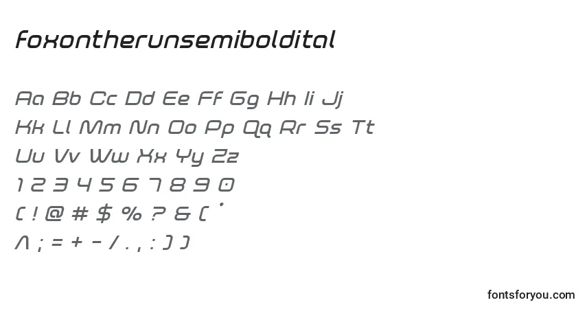 Шрифт Foxontherunsemiboldital – алфавит, цифры, специальные символы