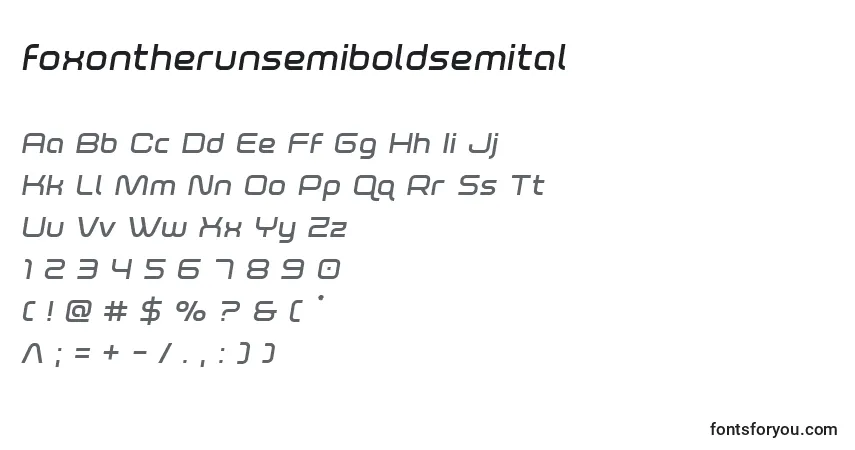 A fonte Foxontherunsemiboldsemital – alfabeto, números, caracteres especiais