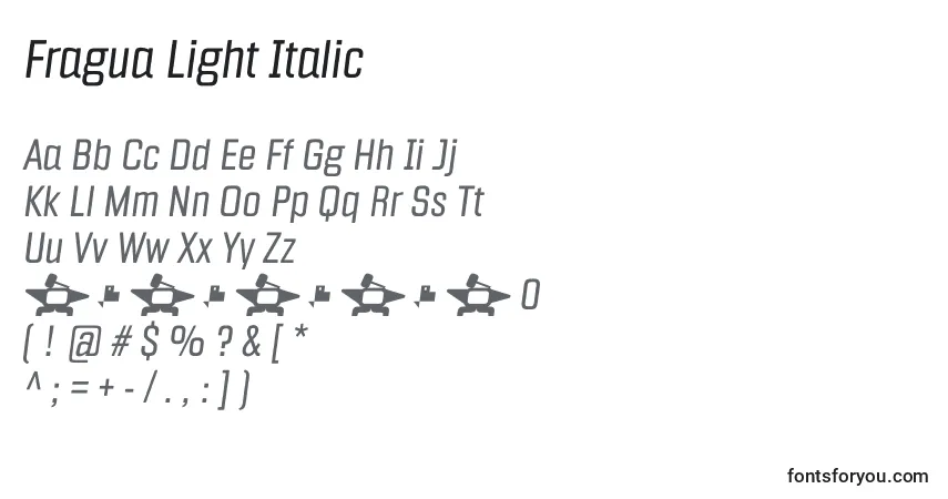 A fonte Fragua Light Italic – alfabeto, números, caracteres especiais