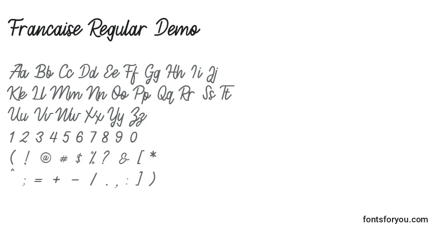 A fonte Francaise Regular Demo – alfabeto, números, caracteres especiais