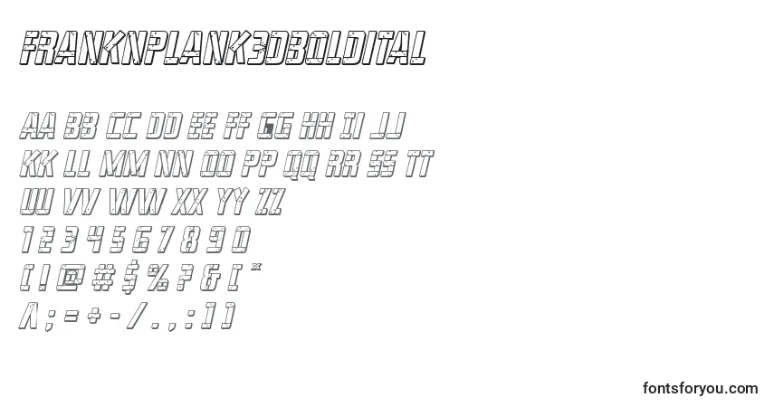 Czcionka Franknplank3dboldital – alfabet, cyfry, specjalne znaki