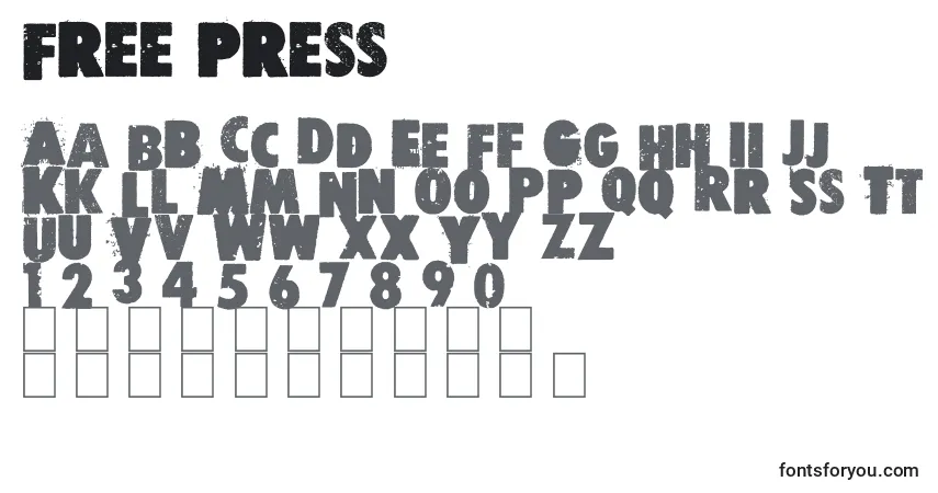 Schriftart Free press – Alphabet, Zahlen, spezielle Symbole