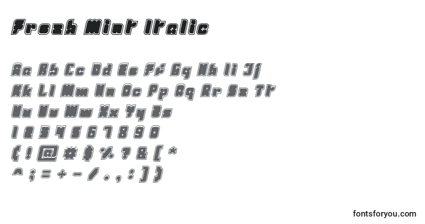 Шрифт Fresh Mint Italic – алфавит, цифры, специальные символы