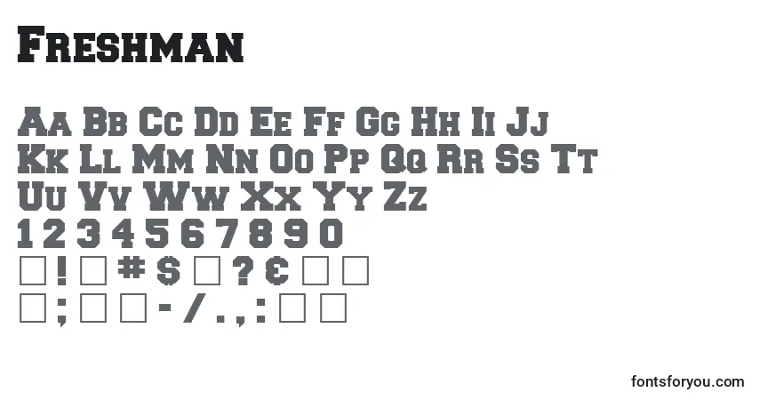 Schriftart Freshman (127232) – Alphabet, Zahlen, spezielle Symbole
