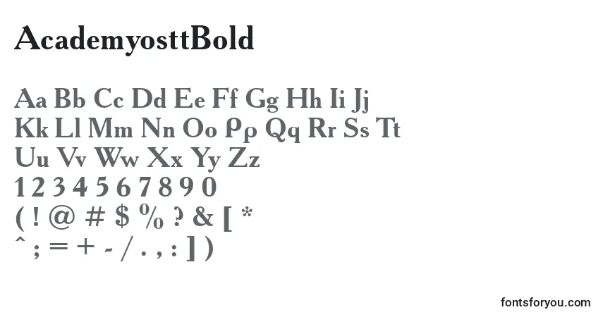 A fonte AcademyosttBold – alfabeto, números, caracteres especiais