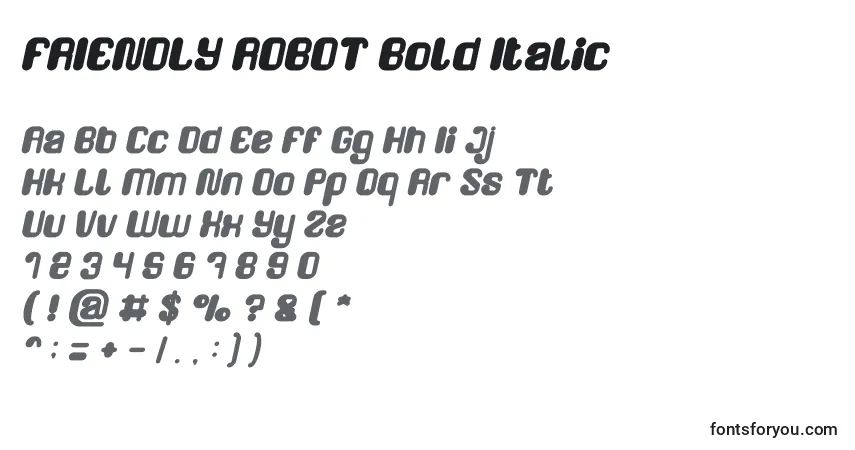 A fonte FRIENDLY ROBOT Bold Italic – alfabeto, números, caracteres especiais
