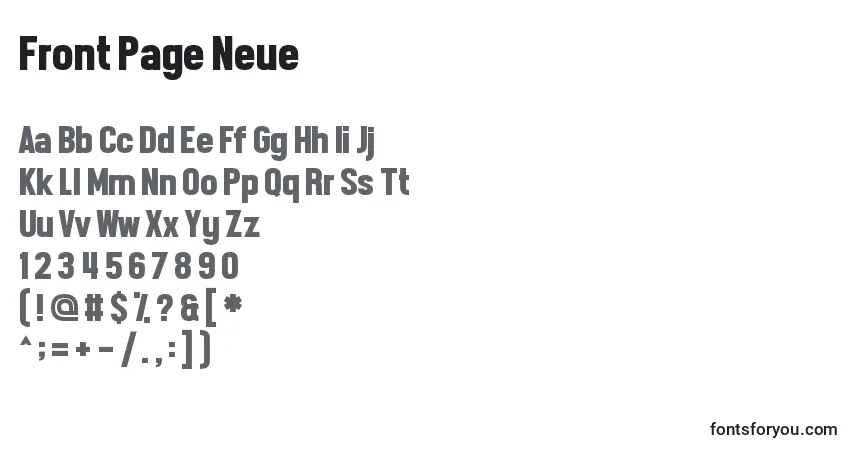 A fonte Front Page Neue – alfabeto, números, caracteres especiais