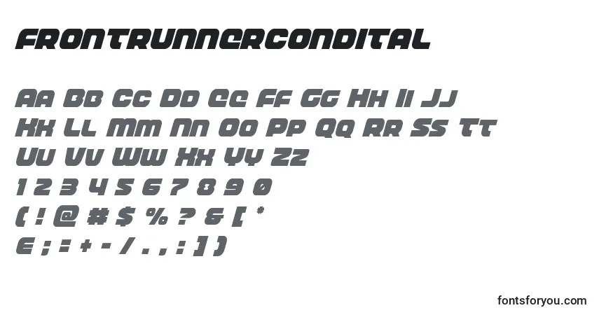 A fonte Frontrunnercondital – alfabeto, números, caracteres especiais