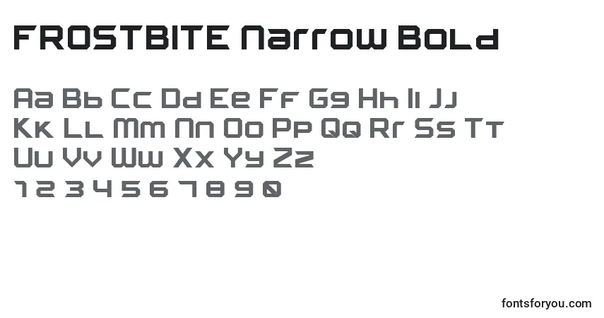 Schriftart FROSTBITE Narrow Bold – Alphabet, Zahlen, spezielle Symbole