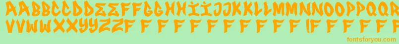 フォントFRS GENUINO – オレンジの文字が緑の背景にあります。