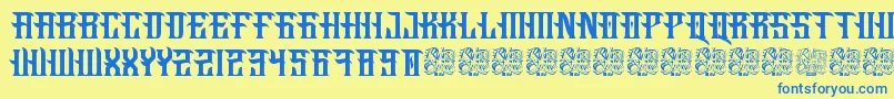 フォントFucking Hostile – 青い文字が黄色の背景にあります。
