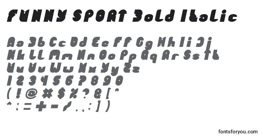 Шрифт FUNNY SPORT Bold Italic – алфавит, цифры, специальные символы