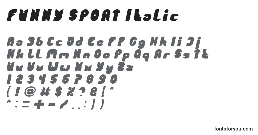 Czcionka FUNNY SPORT Italic – alfabet, cyfry, specjalne znaki
