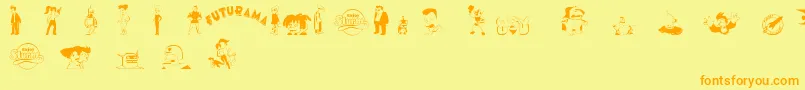 フォントfuturama characters – オレンジの文字が黄色の背景にあります。
