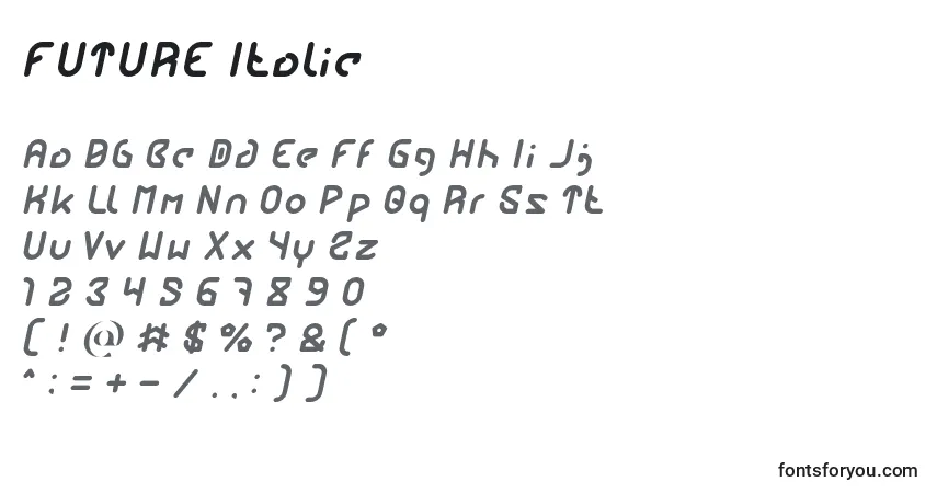 Schriftart FUTURE Italic – Alphabet, Zahlen, spezielle Symbole