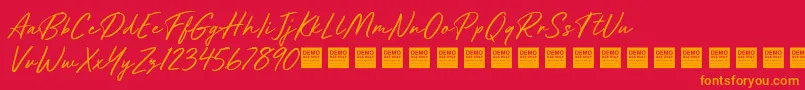Weitere Informationen zur Future Shock Demo-Schriftart Future Shock Demo-Schriftart – Orangefarbene Schriften auf rotem Hintergrund