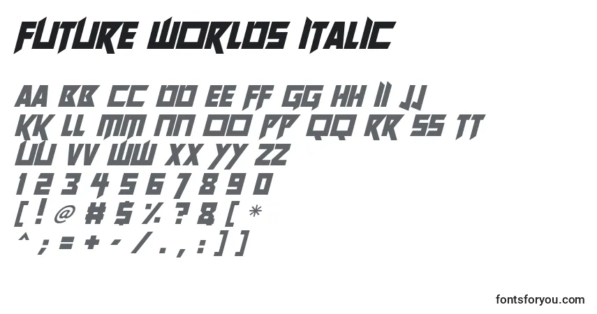 A fonte Future Worlds Italic – alfabeto, números, caracteres especiais