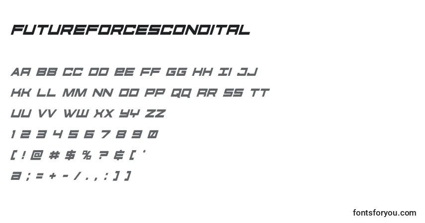 Schriftart Futureforcescondital (127501) – Alphabet, Zahlen, spezielle Symbole